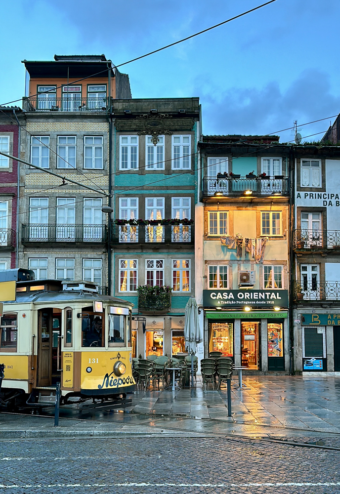 Twighlight in Porto looking at classic tile colored buildings.