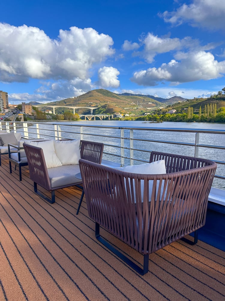 View of top deck on Avalon Waterways on the Douro River