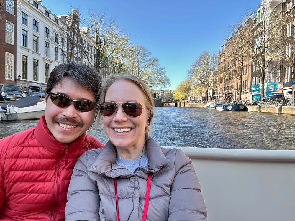 Rachelle and Pete on the back of the boat during the Canal river cruise