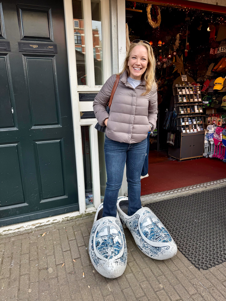 Rachelle trying on giant wooden holland shoes