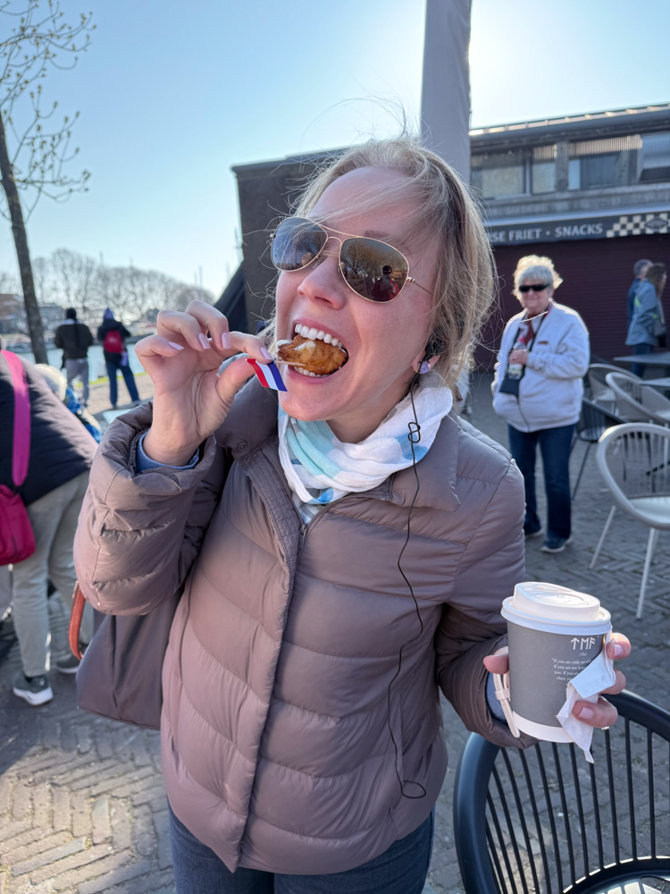 Rachelle trying a taste of fried fish