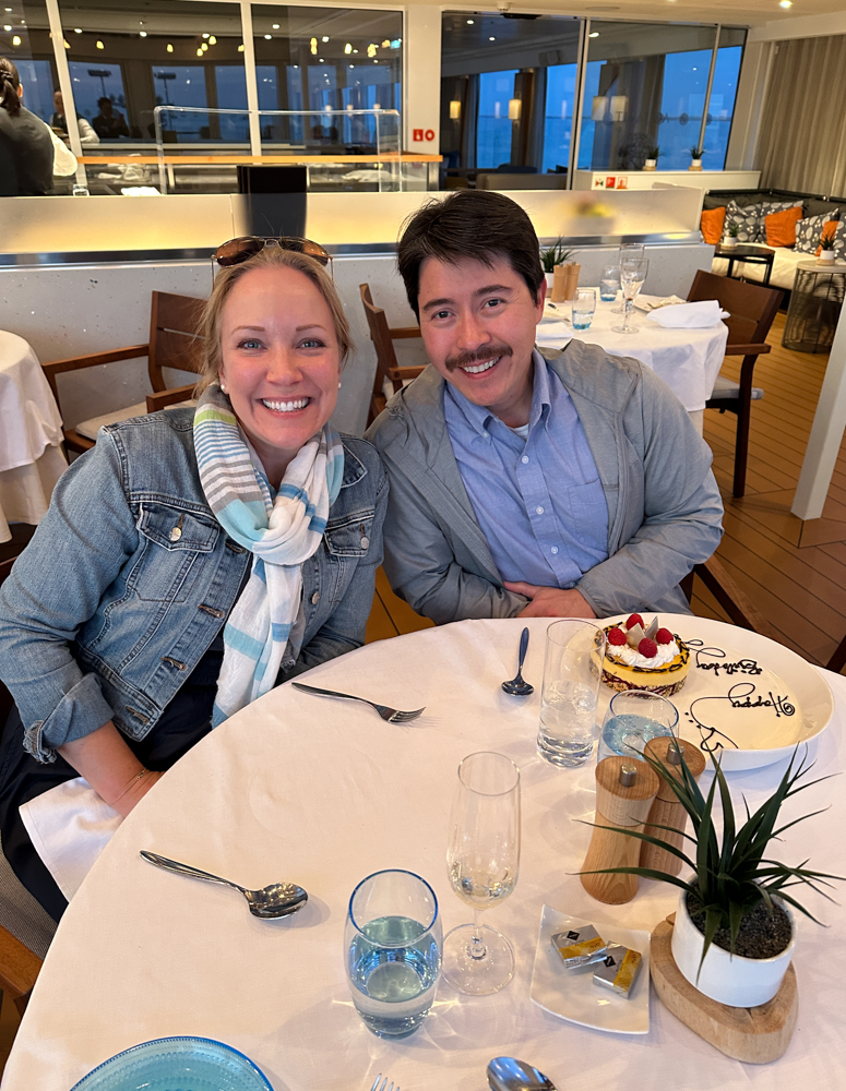 Rachelle and Pete at dinner inside the Aquavit Terrace on their Tulips and Windmills Viking River Cruise