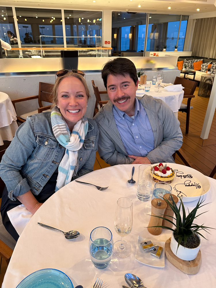 Rachelle and Pete at dinner on a Viking Cruise