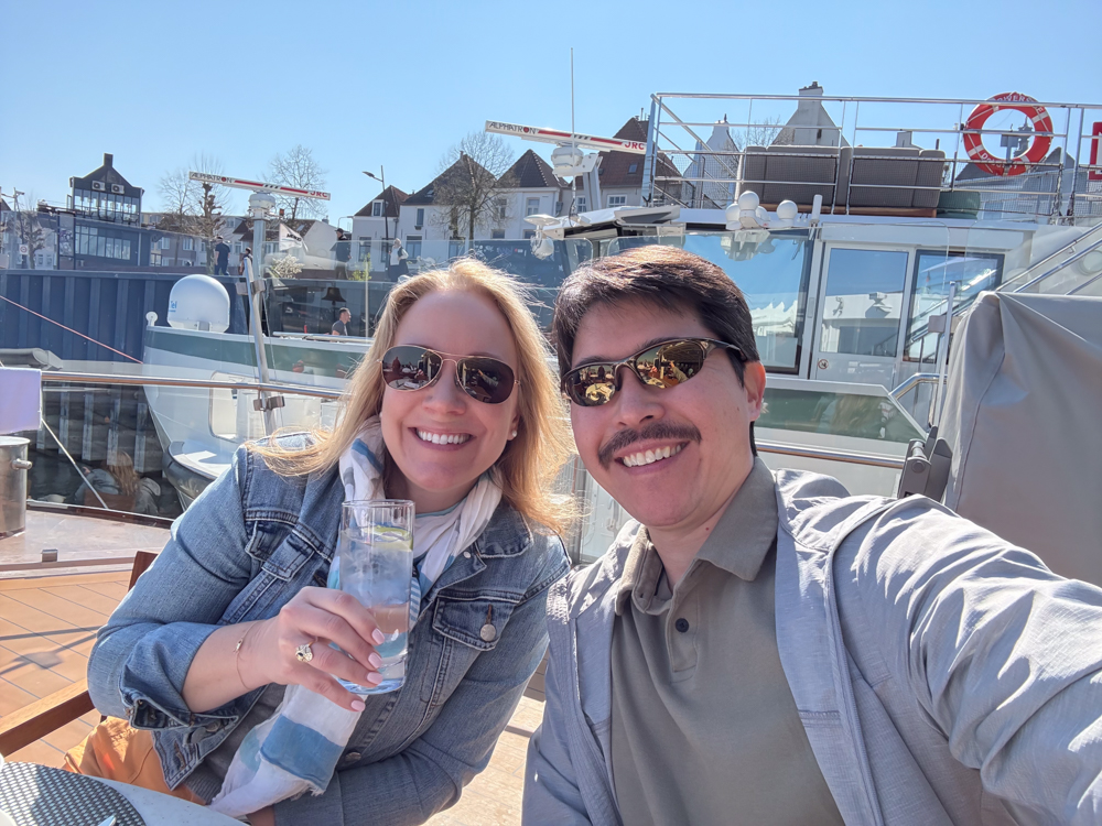 Rachelle and Pete at lunch outside on the Aquavit Terrace on their Tulips and Windmills Viking River Cruise