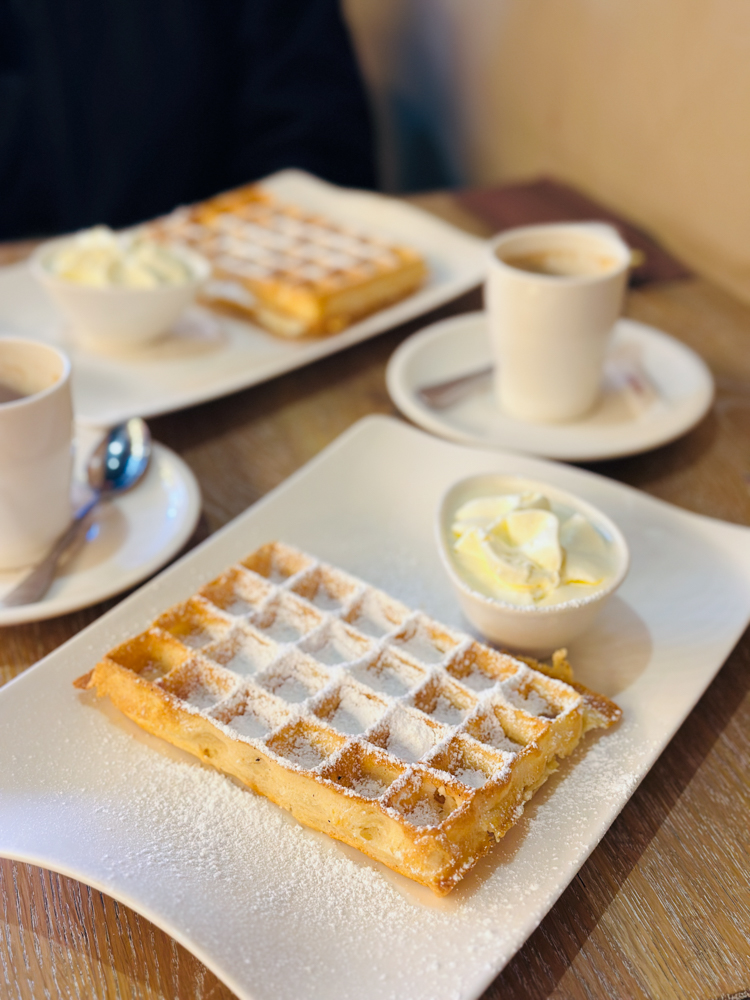 Belgian waffle dusted with sugar