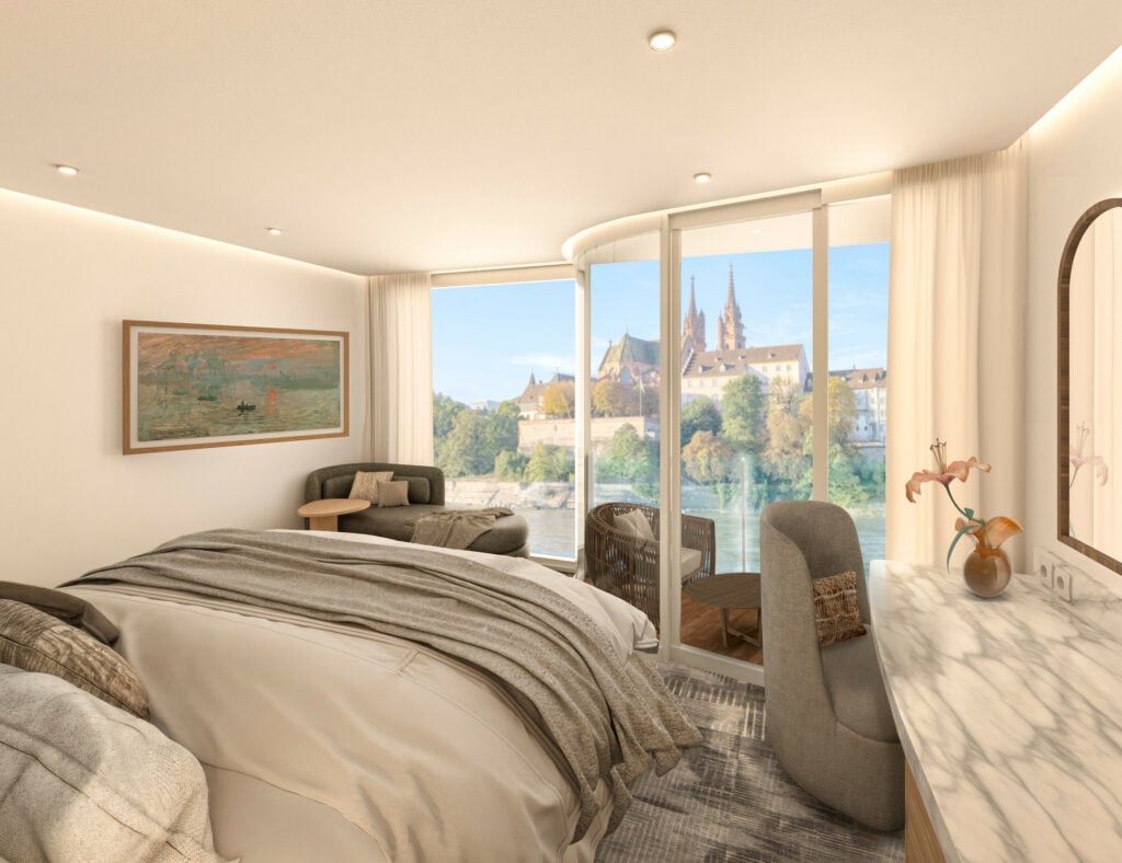 Artist rendering of inside a suite with balcony on Celebrity River Cruise Ship