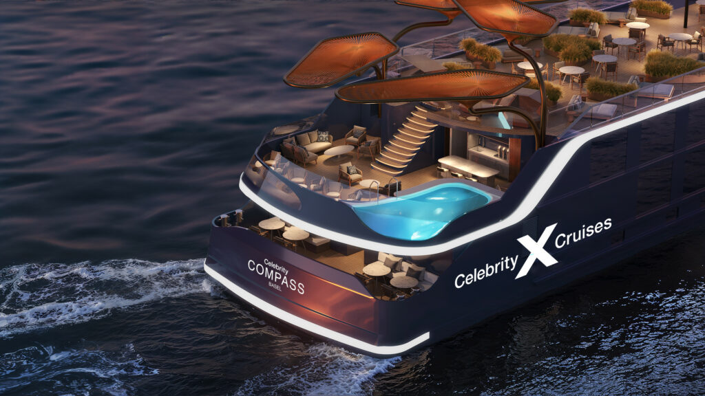 Close up of the stern of a Celebrity River Cruise Ship showing a pool and lounge area.