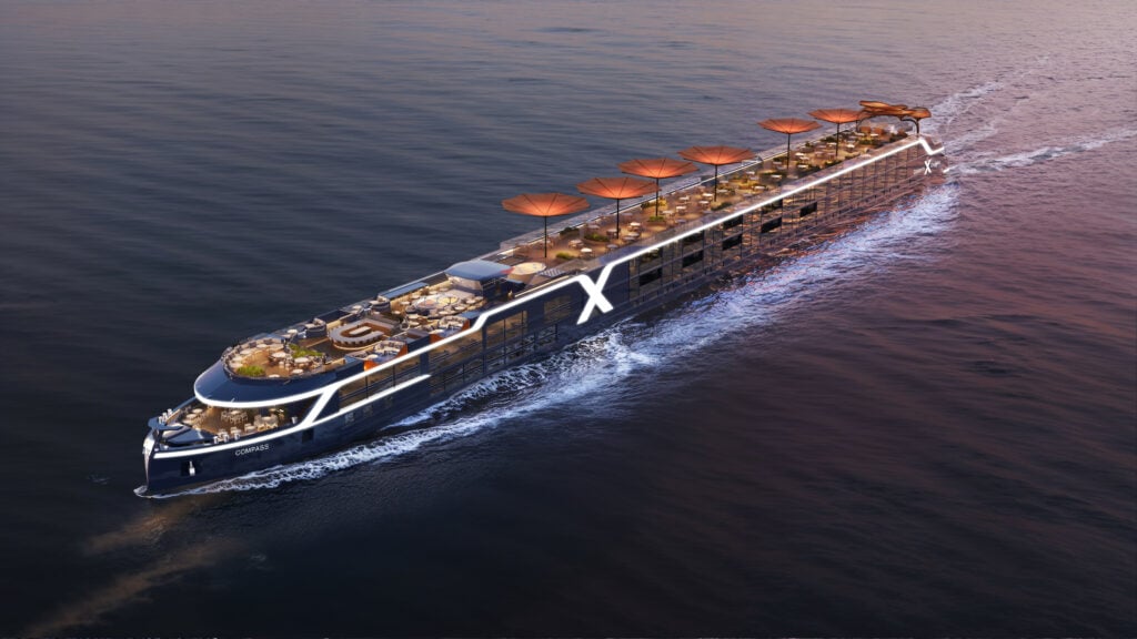 Artist rendering of new Celebrity River Cruise Ship, Celebrity Compass. It looks sleek and modern, with an X in the middle and large umbrellas on the top deck.